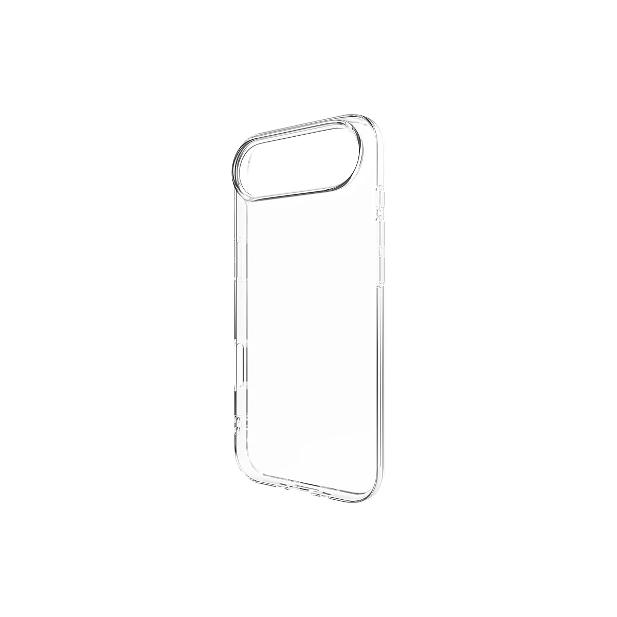 Coque de téléphone transparente. Elle a des coins arrondis et une forme rectangulaire pour protéger l'appareil.