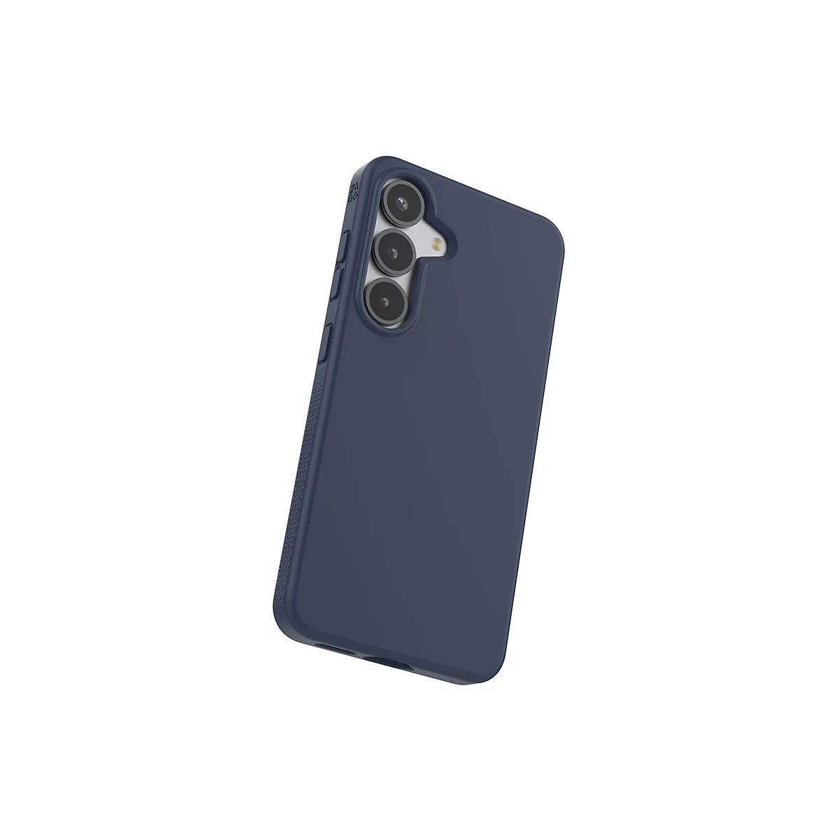 Coque de téléphone bleu foncé, photographiée en diagonale depuis le coin supérieur droit. Trois objectifs d'appareil photo sont visibles.