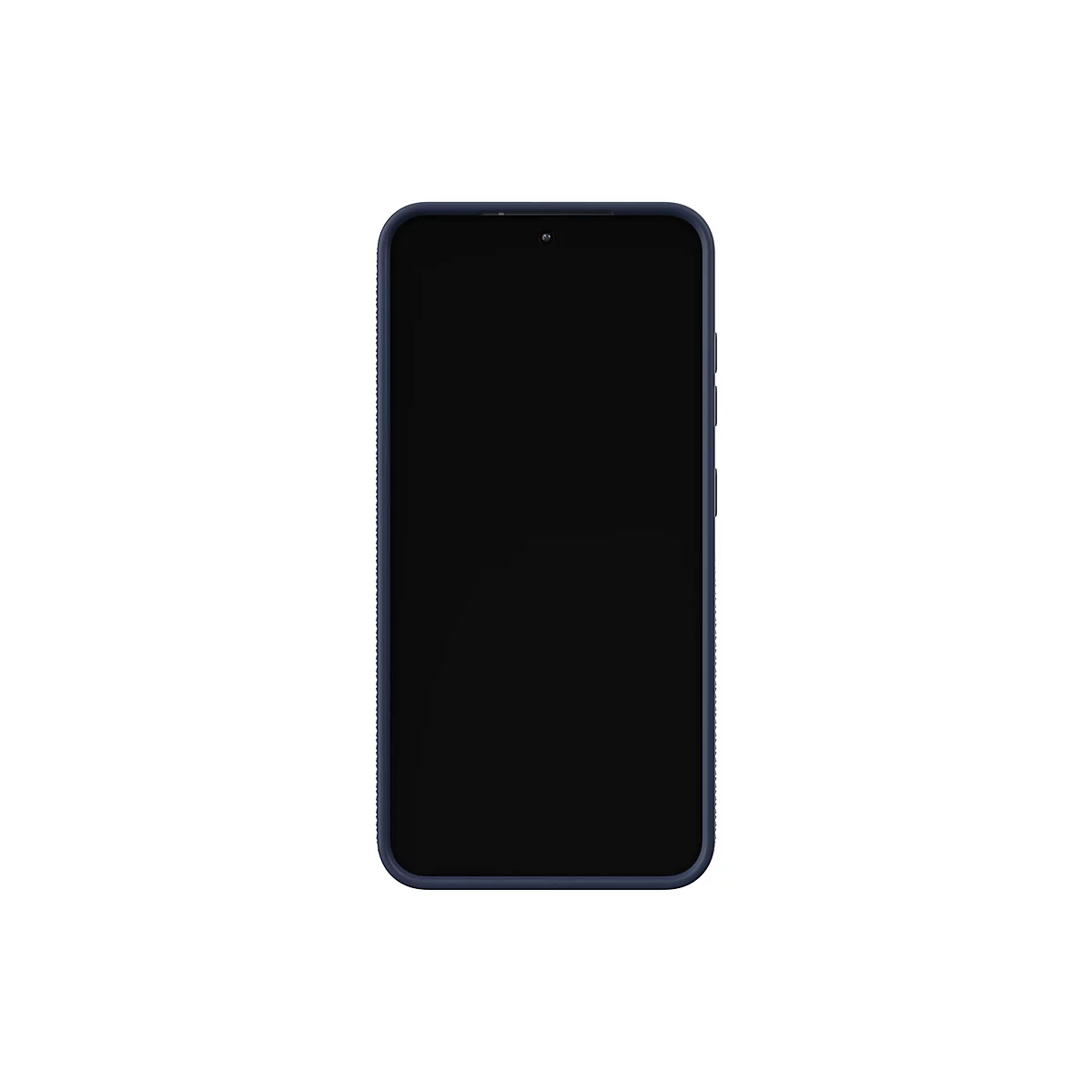 Smartphone avec écran noir. Cadre bleu foncé, fond blanc.