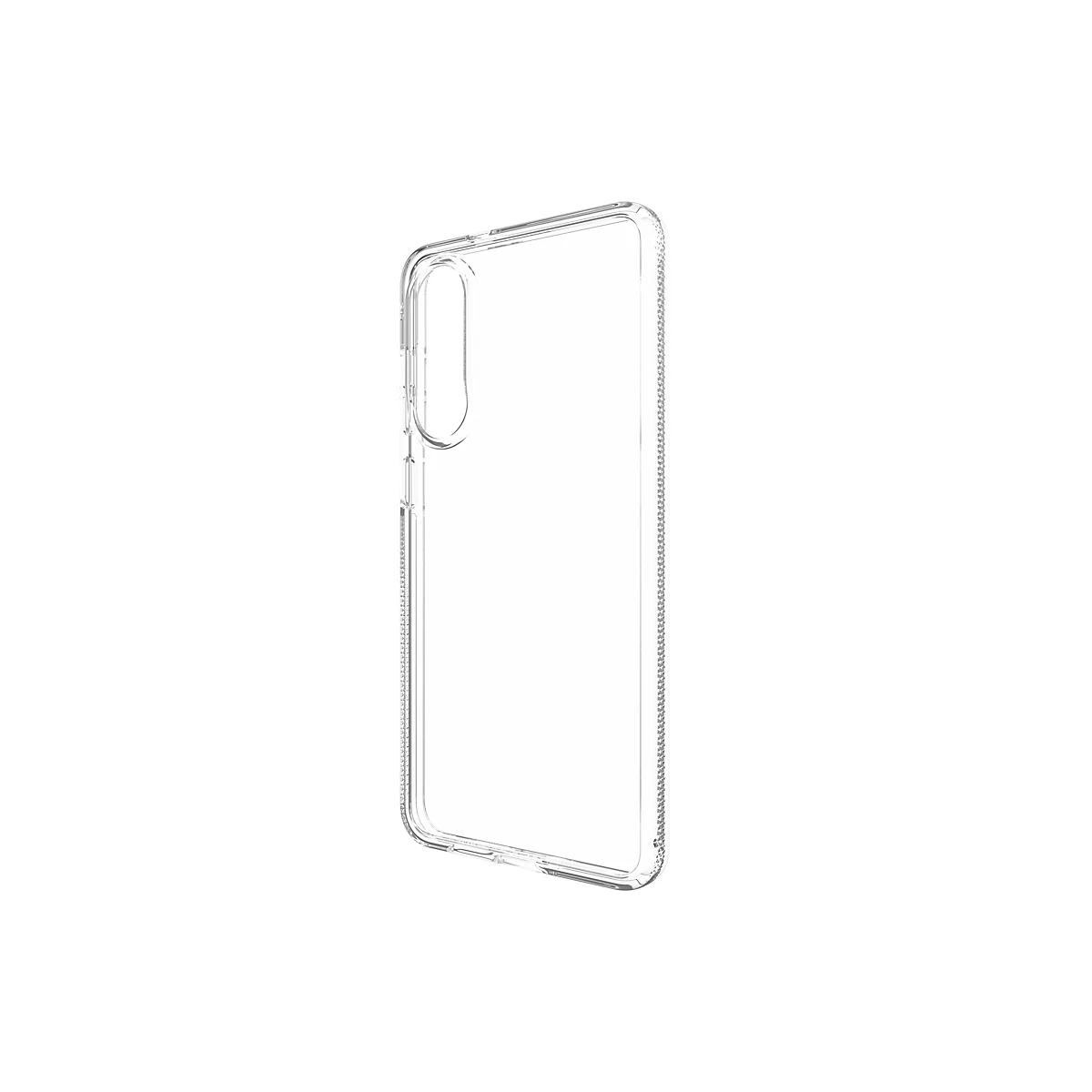 Coque de téléphone en plastique transparent. La coque est transparente et légèrement texturée sur les bords.