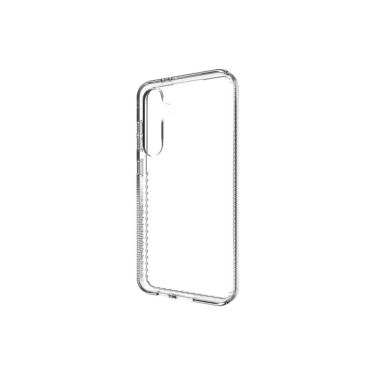 Coque de téléphone transparente, avec découpes pour la caméra et les boutons, sur fond blanc.
