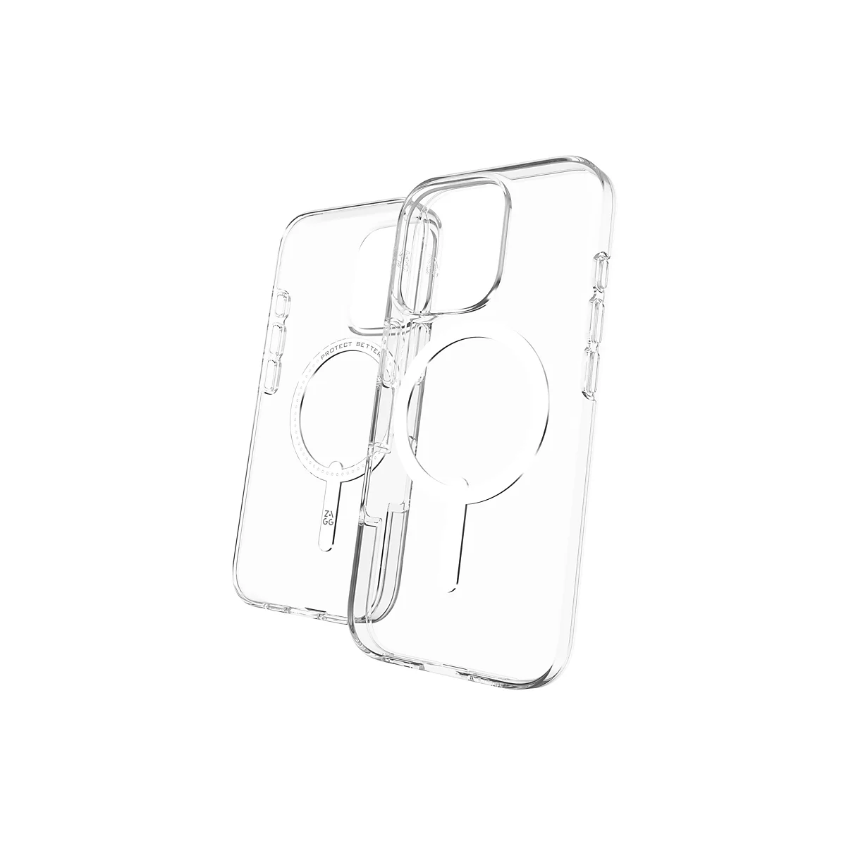 Deux coques de téléphone transparentes avec fonctionnalité MagSafe, légèrement superposées. Les deux coques ont une découpe circulaire pour le module caméra.