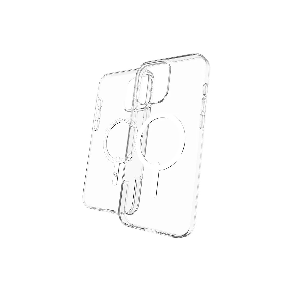 Deux coques de téléphone transparentes sur fond blanc. Un étui est légèrement incliné, l'autre est derrière.