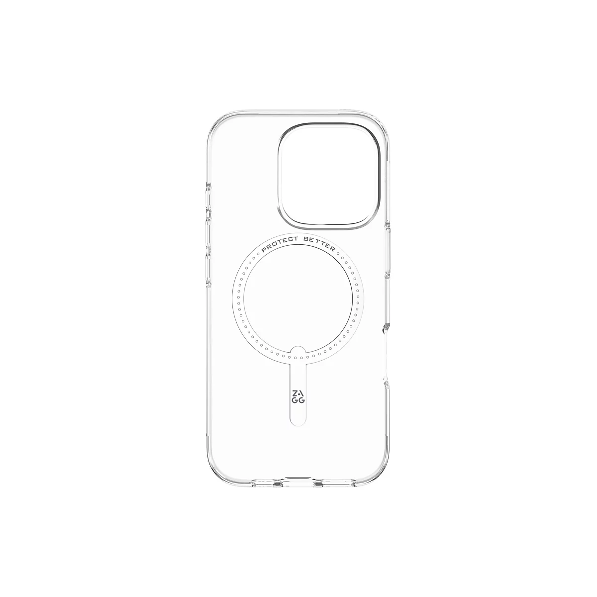 Coque de téléphone transparente avec MagSafe. L'étui comporte le texte "PROTECT BETTER" et le logo ZAGG.