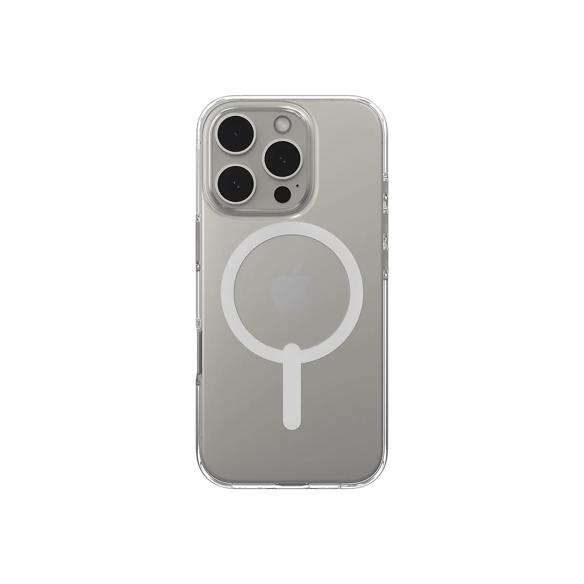 Coque de téléphone transparente avec chargeur MagSafe intégré, sur fond blanc.