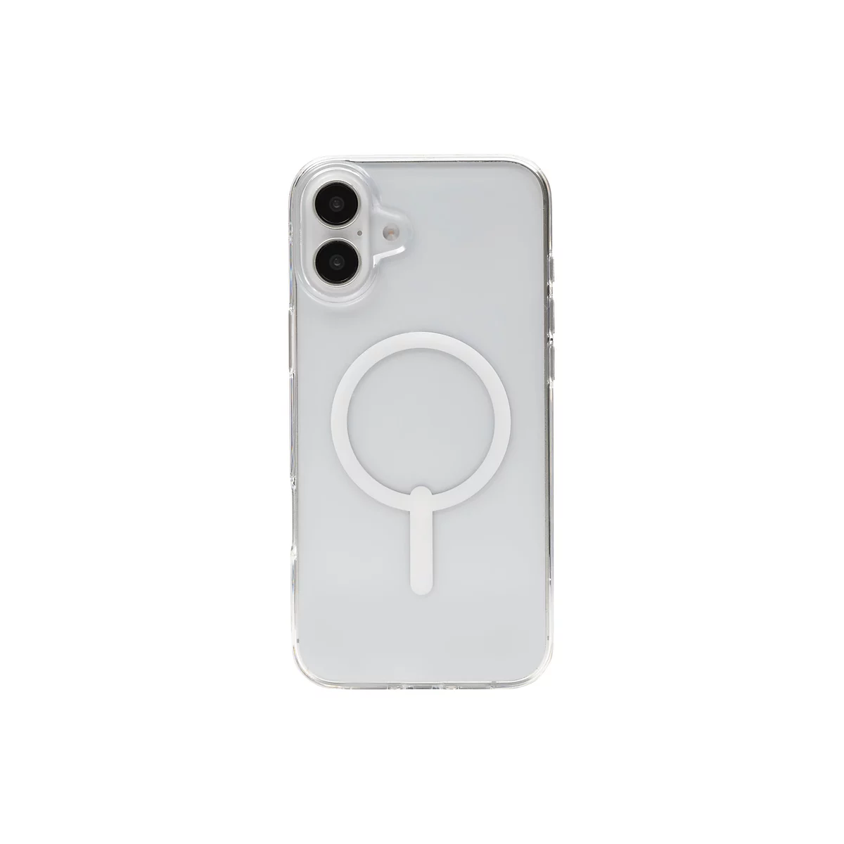 Coque de téléphone transparente pour smartphone avec MagSafe, sur fond blanc.