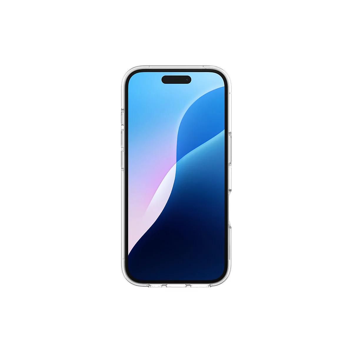 Un iPhone 14 Pro dans un étui transparent. L'écran affiche un graphique abstrait bleu et blanc, la découpe de la caméra est visible.