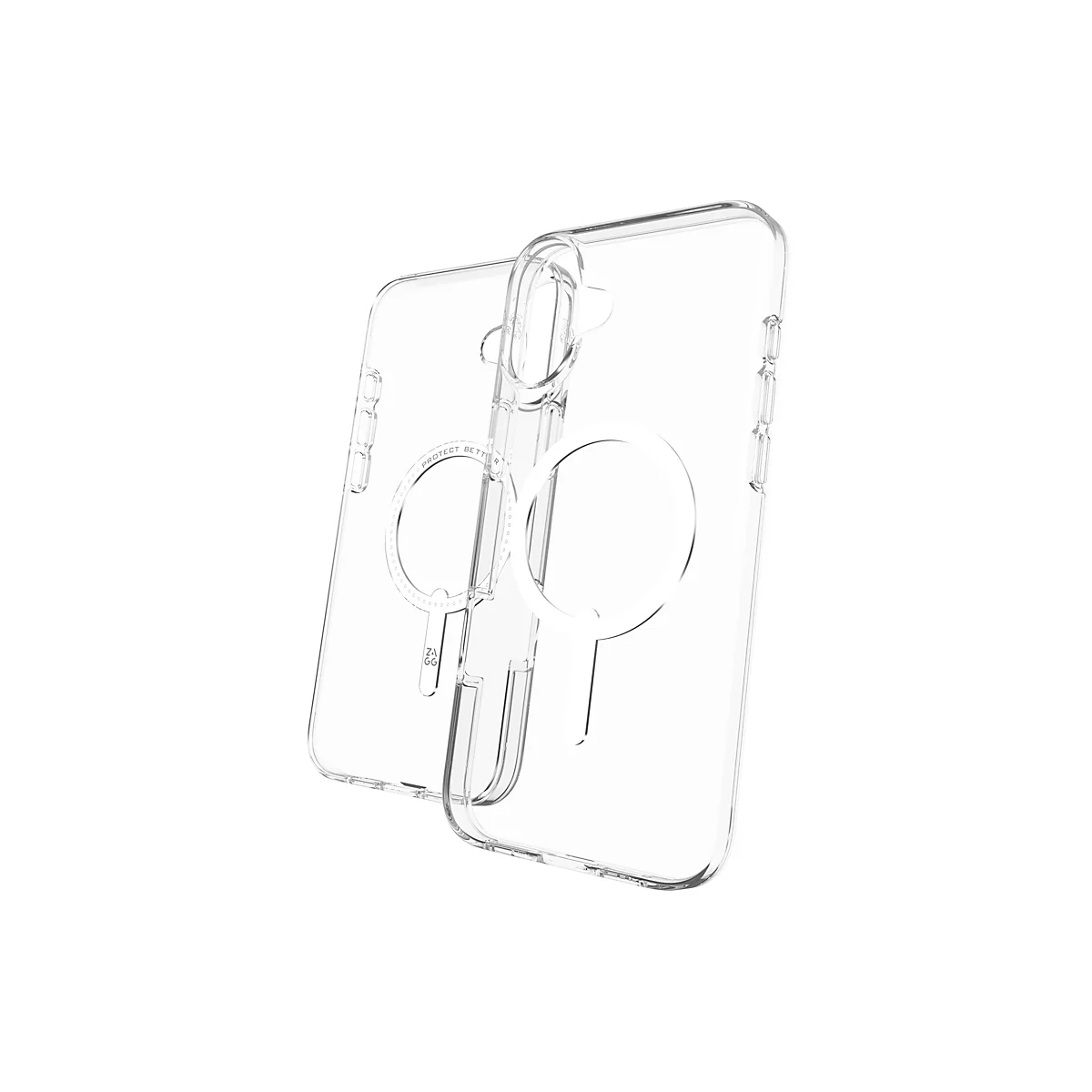 Deux coques de téléphone transparentes avec fonction MagSafe, légèrement inclinées sur fond blanc. Inscription : PROTECT BETTER.