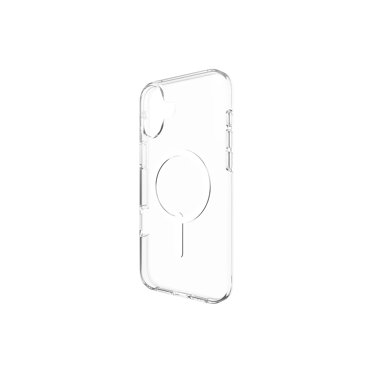 Coque de téléphone transparente avec MagSafe, sur fond blanc.