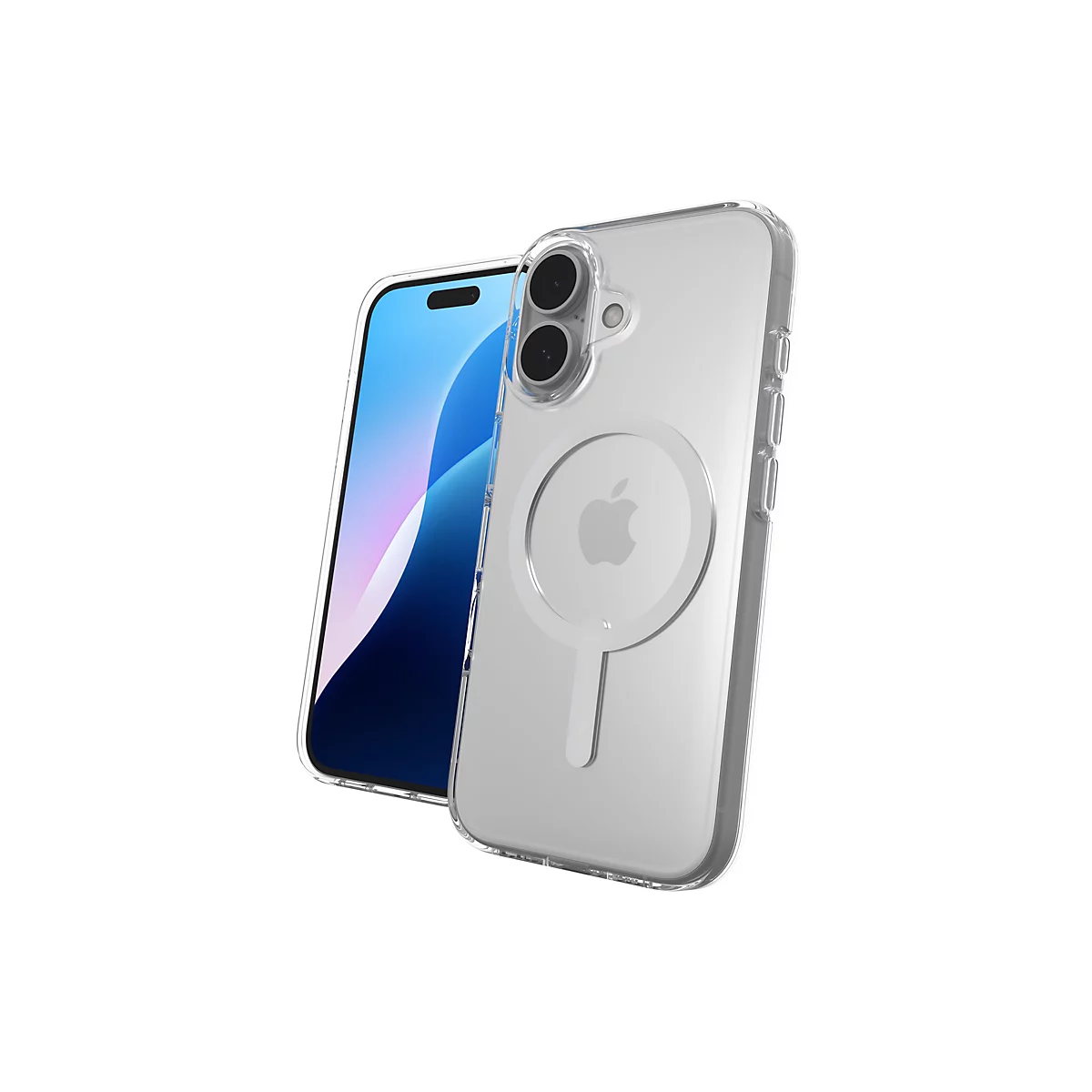 Un iPhone avec une coque de protection transparente, sur fond blanc. Le téléphone a un écran bleu et la coque a un aimant blanc.