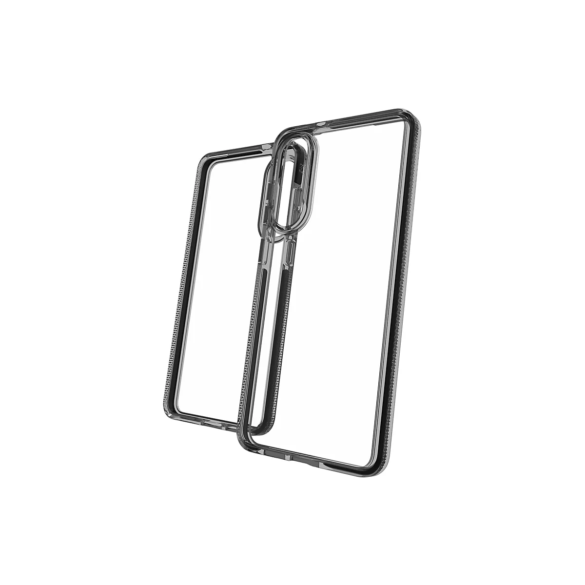 Coque de téléphone transparente, deux parties se chevauchant sur fond blanc. Bords noirs avec texture pointillée.