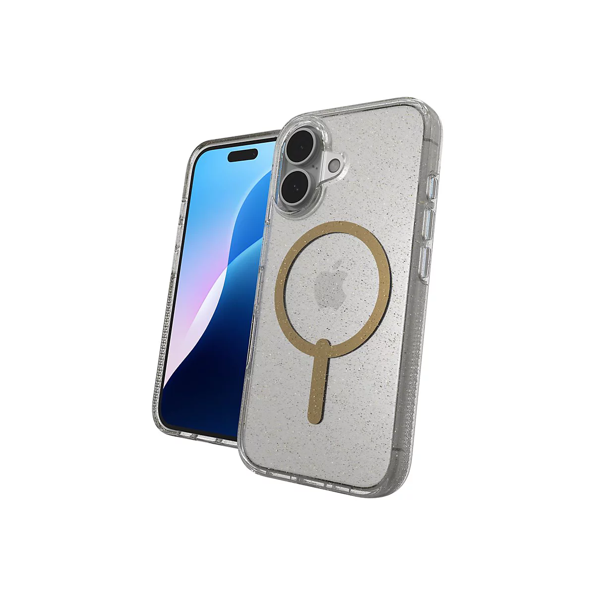 Un iPhone avec une coque sur fond blanc. La coque transparente est pailletée et possède un anneau magnétique doré au dos.