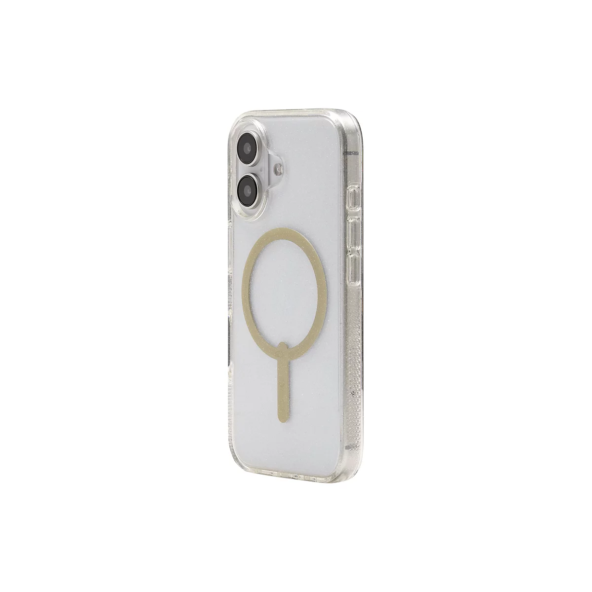 Un iPhone avec une coque transparente dotée d'un anneau et d'un support MagSafe dorés.