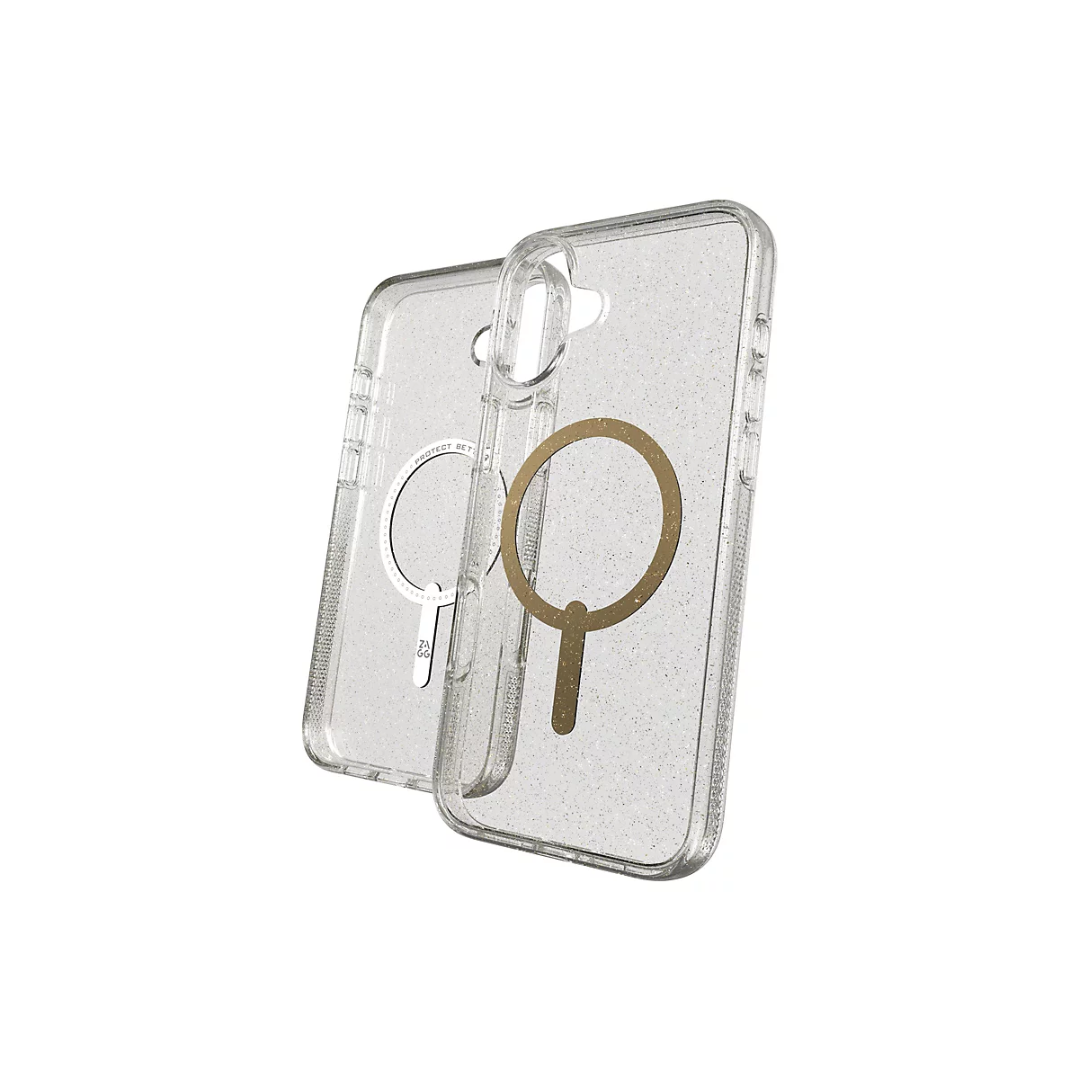 Deux coques de téléphone transparentes avec des paillettes sur fond blanc. Une coque a un anneau doré, l'autre a un anneau blanc avec une écriture.