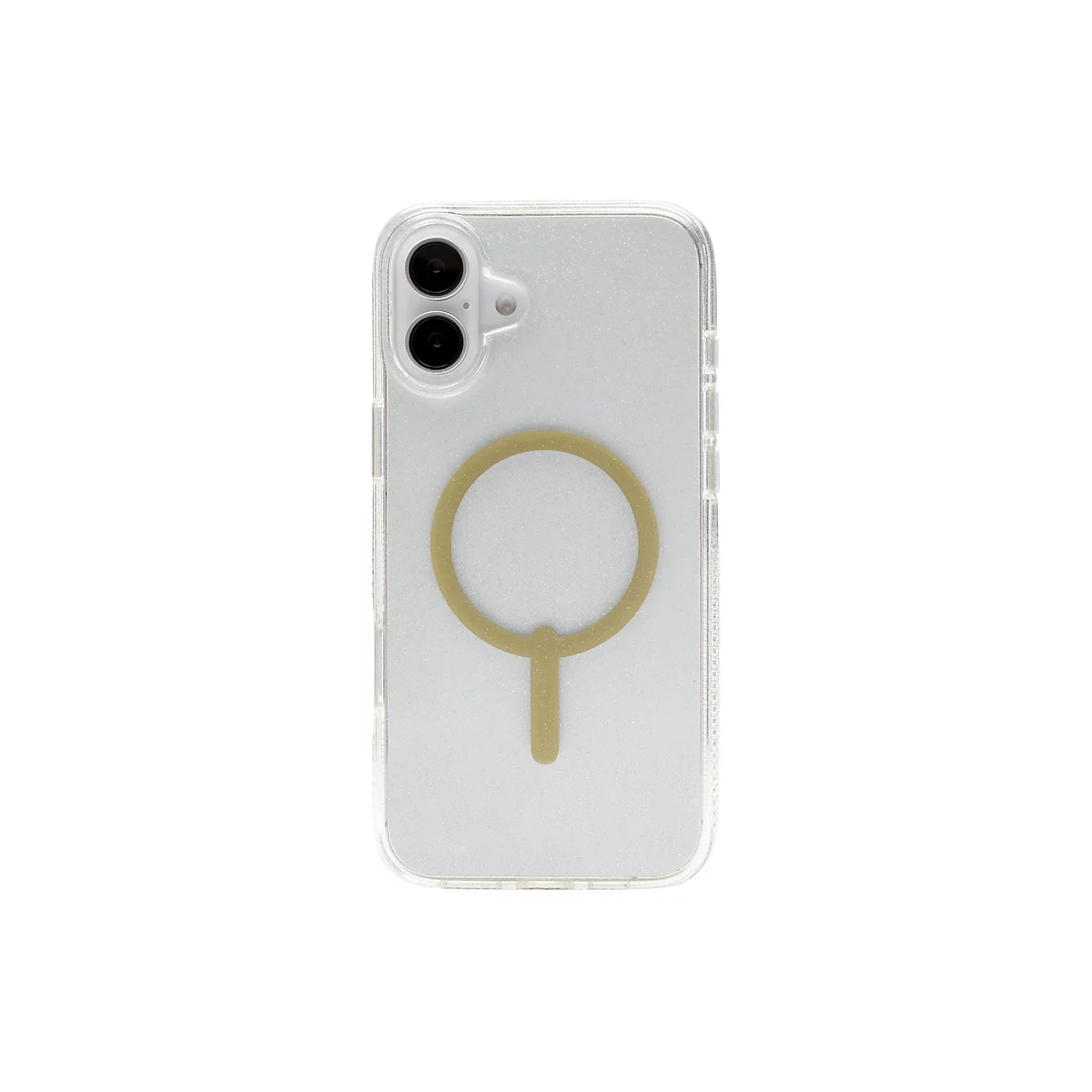 Coque de téléphone transparente avec anneau magnétique doré sur fond blanc. Deux caméras en haut.