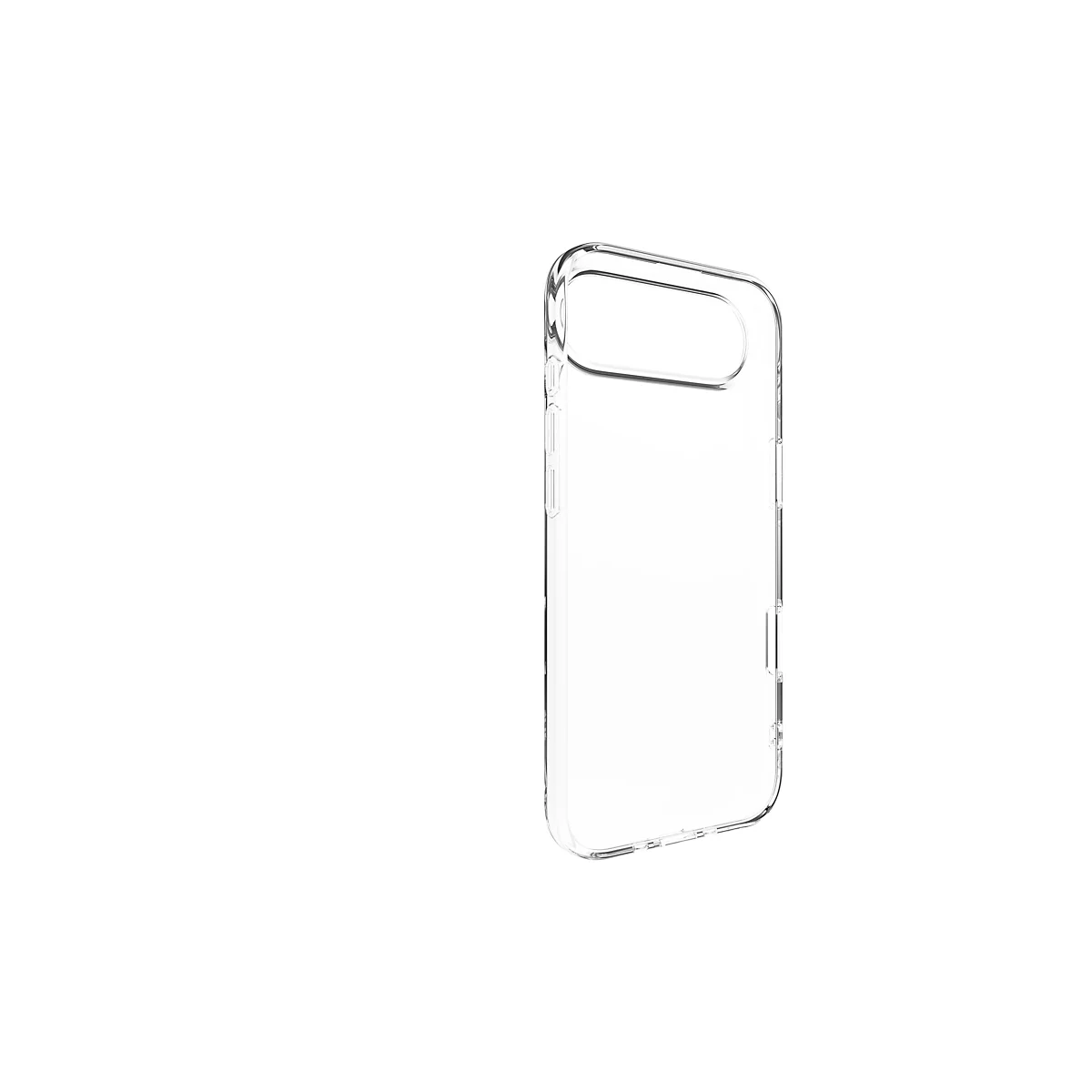 Coque de téléphone en plastique transparent, légèrement inclinée sur fond blanc. La coque comporte des découpes pour l'appareil photo et les boutons.