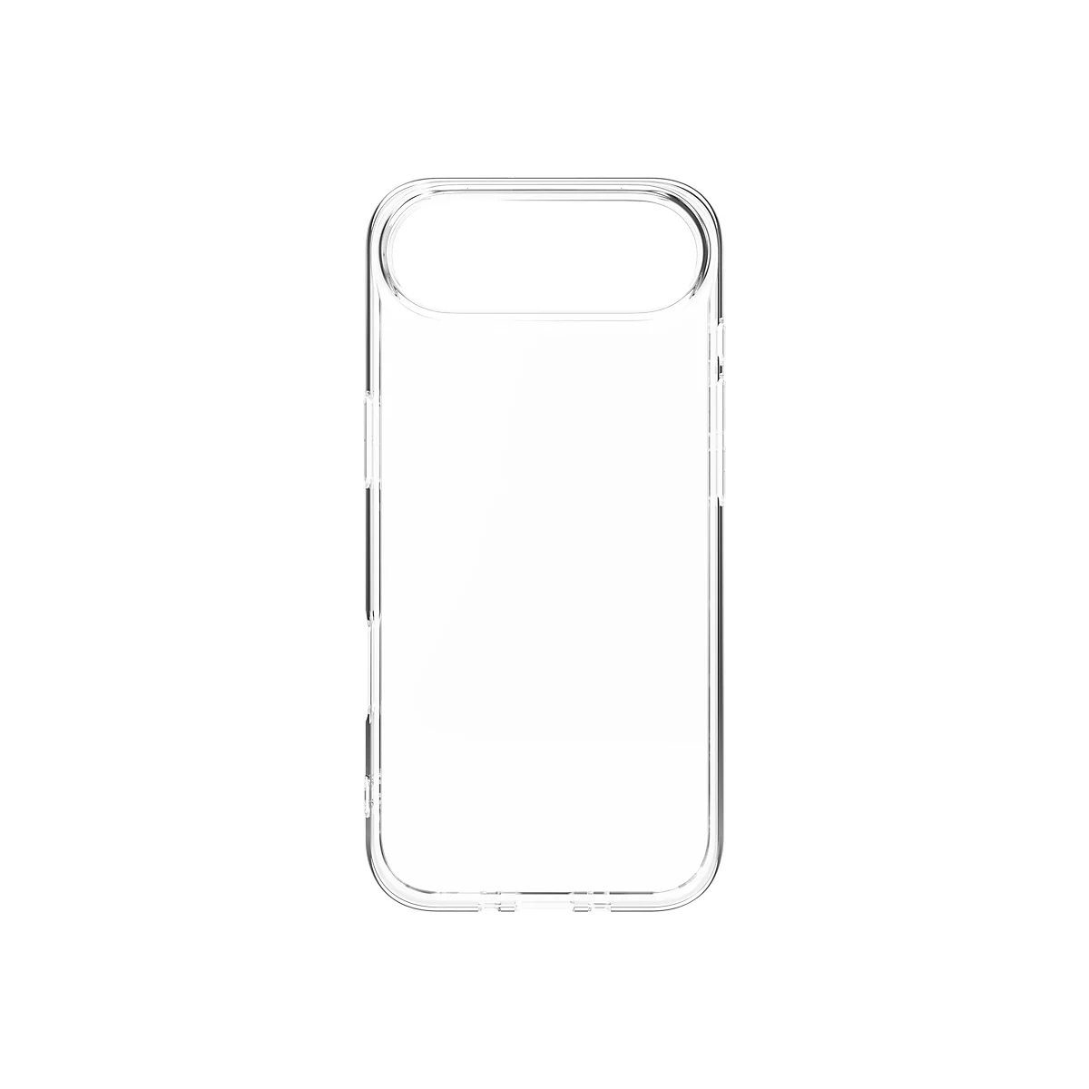 Coque de téléphone en plastique transparent. L'étui entoure le téléphone, avec des ouvertures pour les boutons et la caméra.