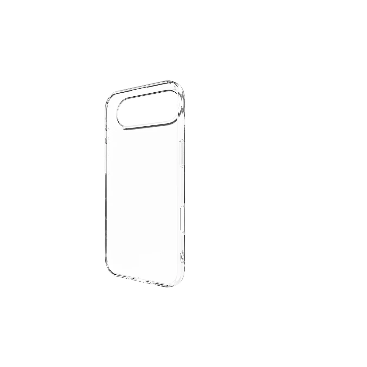Un étui de téléphone transparent présenté en biais sur fond blanc.
