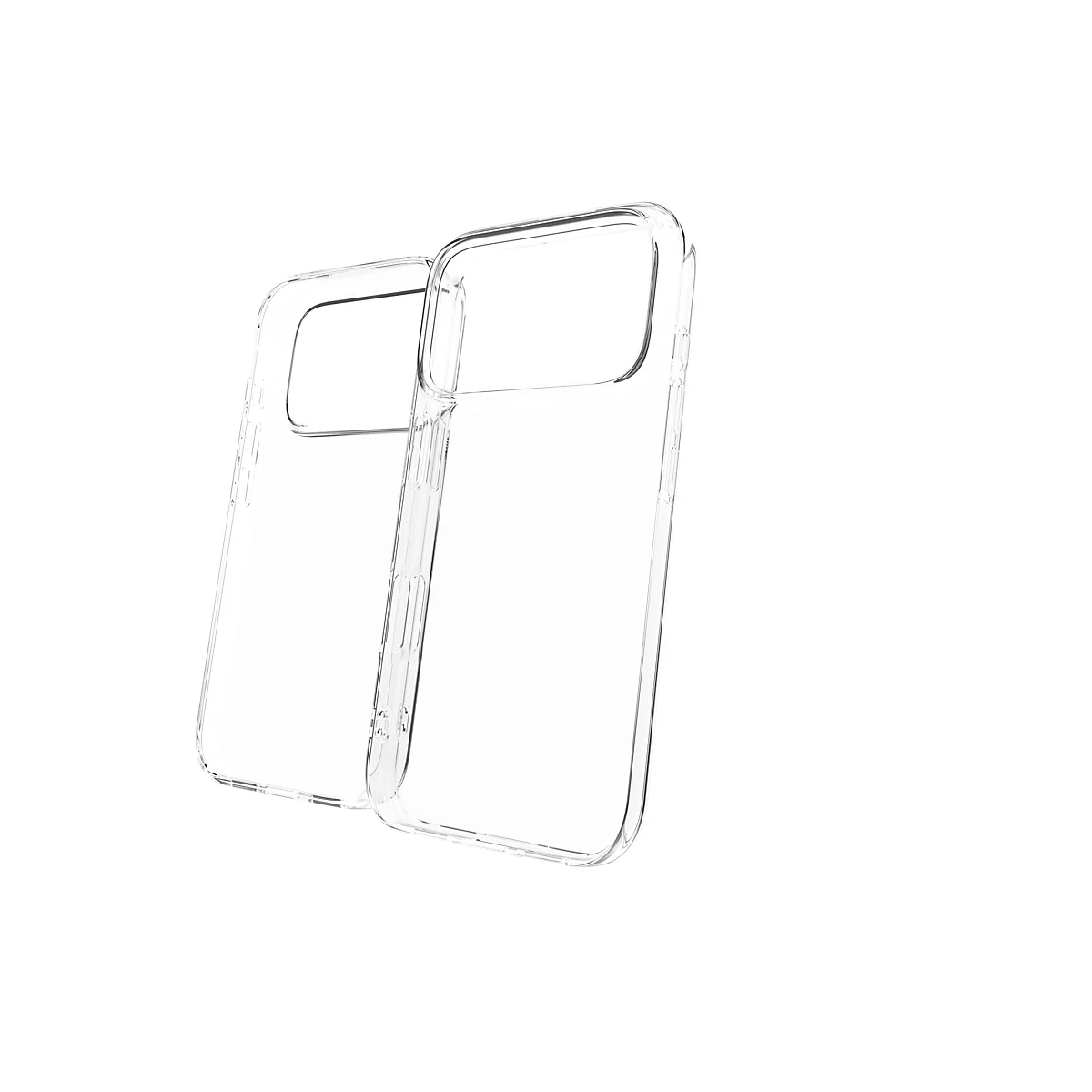 Gros plan de deux coques de téléphone transparentes, légèrement inclinées, sur fond blanc.