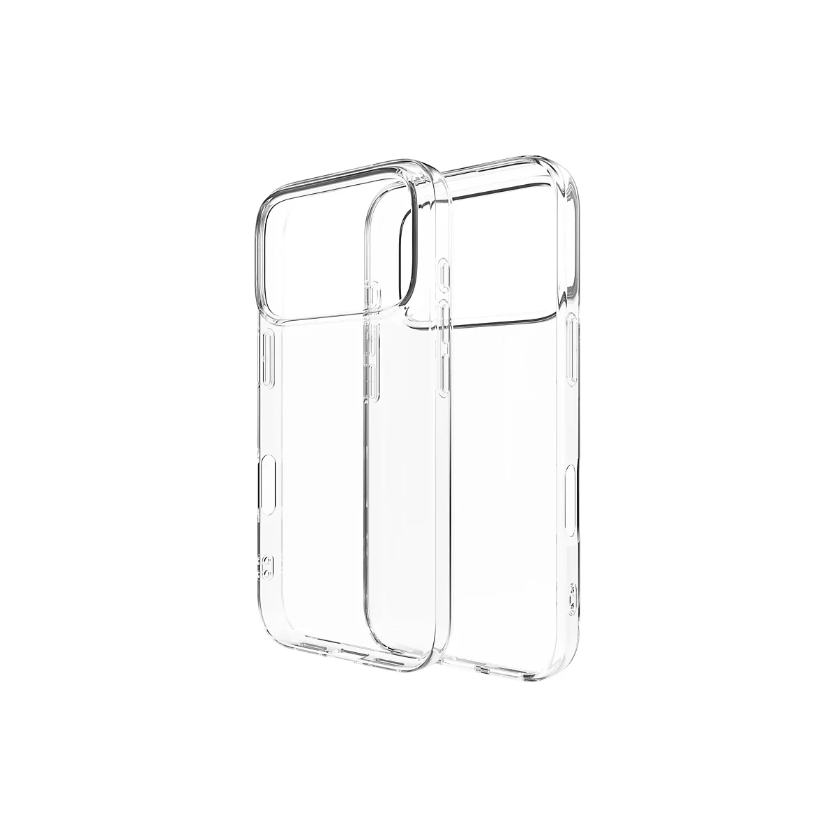 Deux coques de téléphone transparentes sur fond blanc. Les coques sont en plastique transparent et sont façonnées en détail.