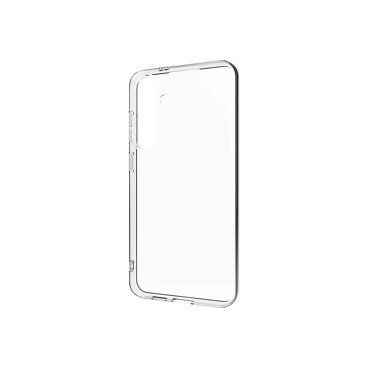 Coque de smartphone transparente sur fond blanc. L'étui est en plastique transparent et entoure le téléphone. L'appareil photo et les boutons sont découpés.
