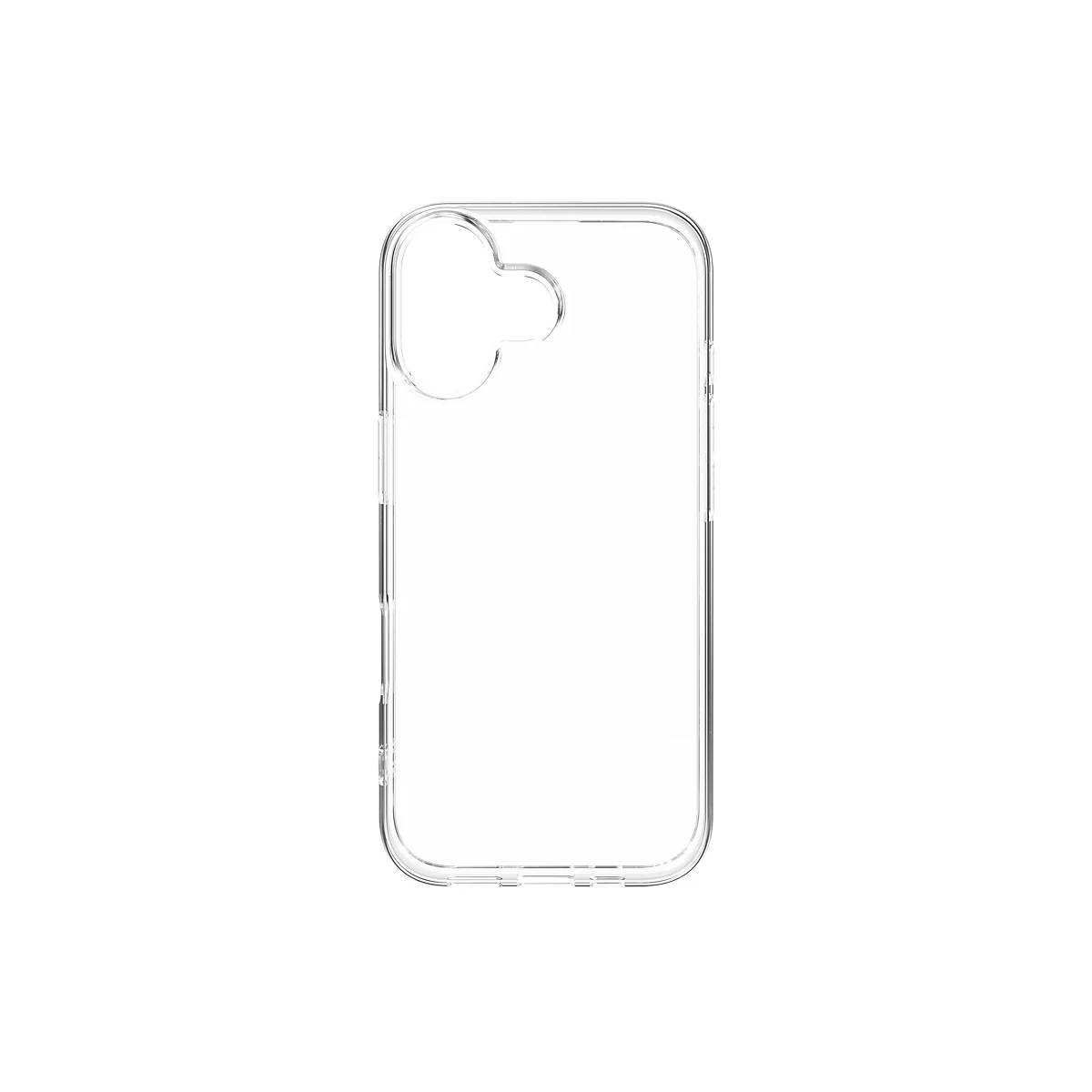 Transparente Handyhülle, im Detail. Die Hülle zeigt Aussparungen für Kamera, Knöpfe und Anschlüsse.