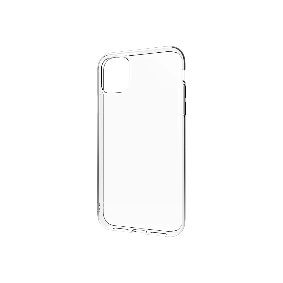 Durchsichtige Handyhülle aus Kunststoff. Die Hülle zeigt Aussparungen für Kamera und Knöpfe.