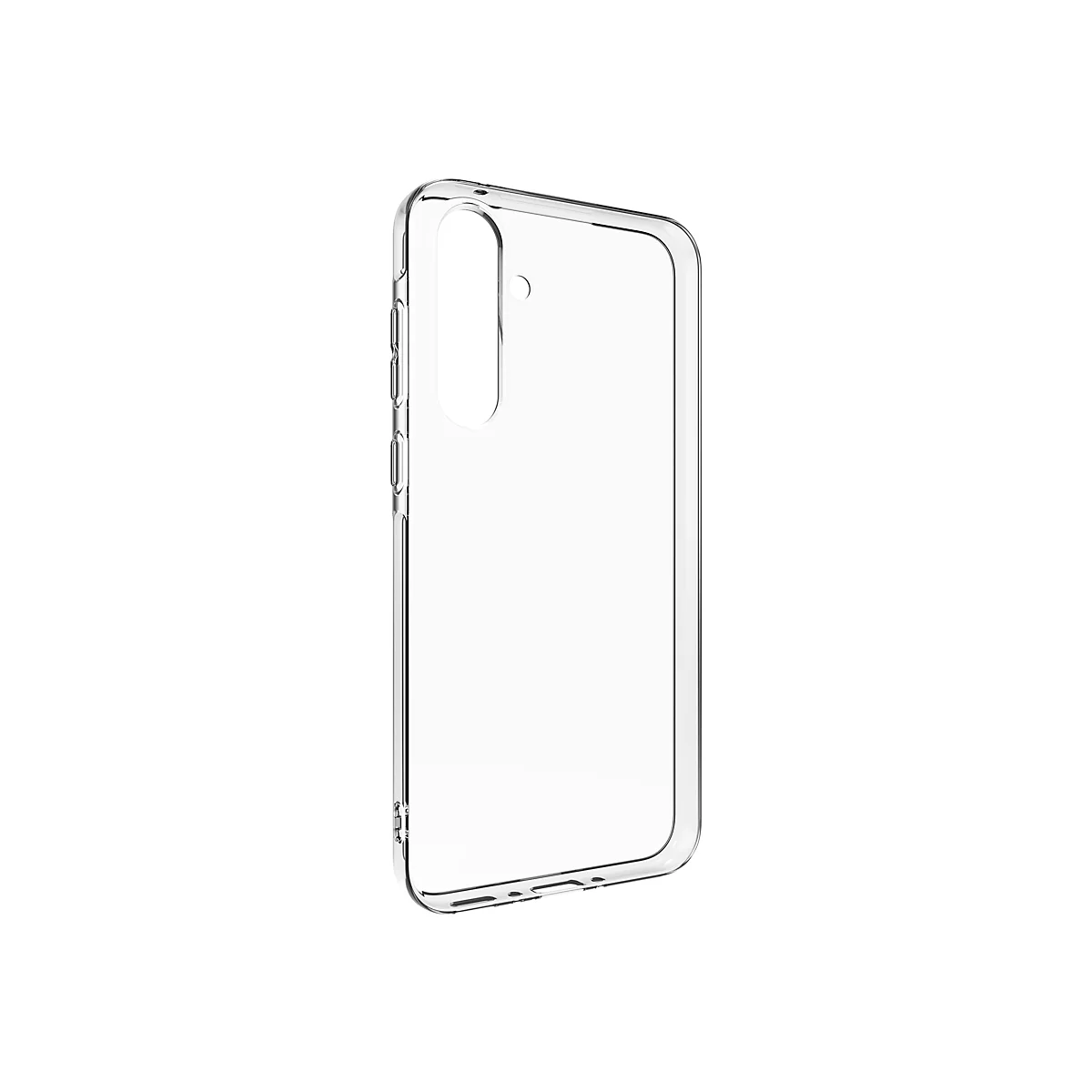 Durchsichtige Handyhülle aus Kunststoff, auf weißem Hintergrund.