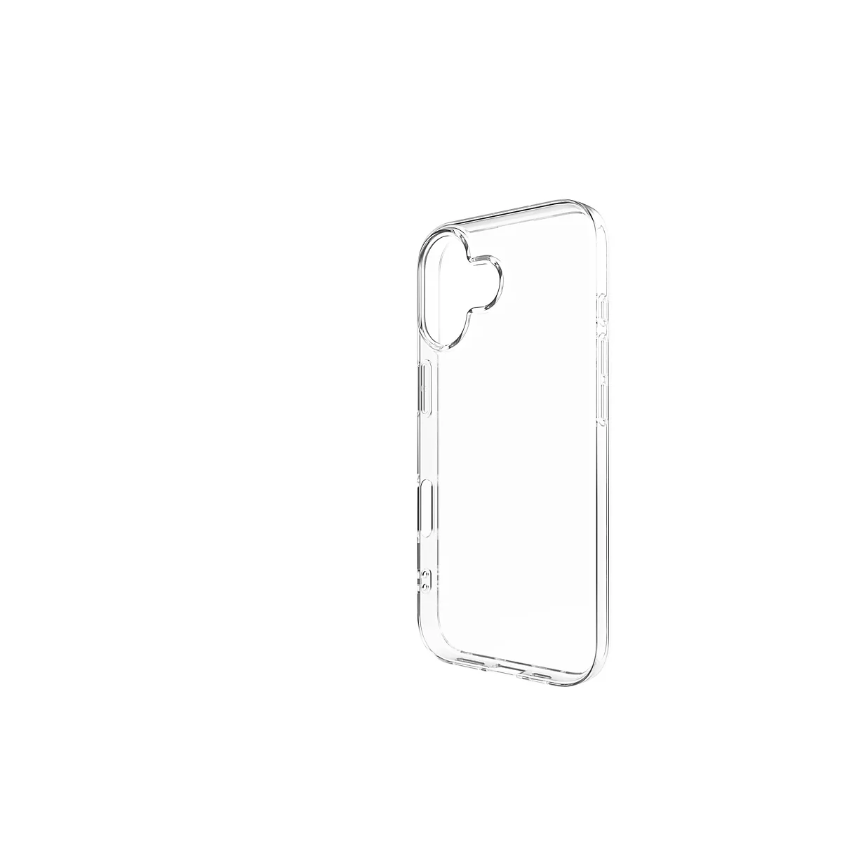 Durchsichtige Handyhülle aus Kunststoff, leicht schräg von der Seite gezeigt, vor weißem Hintergrund.