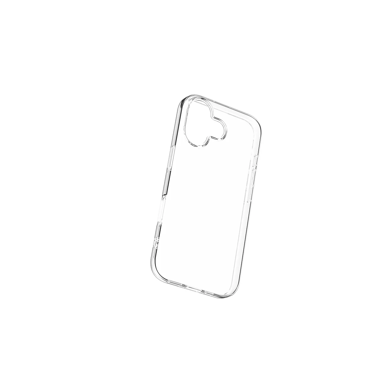 Durchsichtige Handyhülle vor weißem Hintergrund. Klar, durchsichtig und leicht schräg.