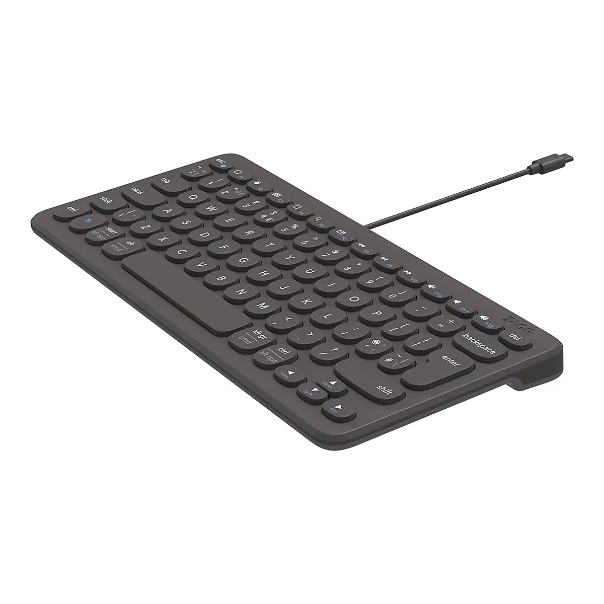 Drahtlose, schwarze Tastatur mit weißen Buchstaben. Das Kabel ist im oberen rechten Bereich angeschlossen.