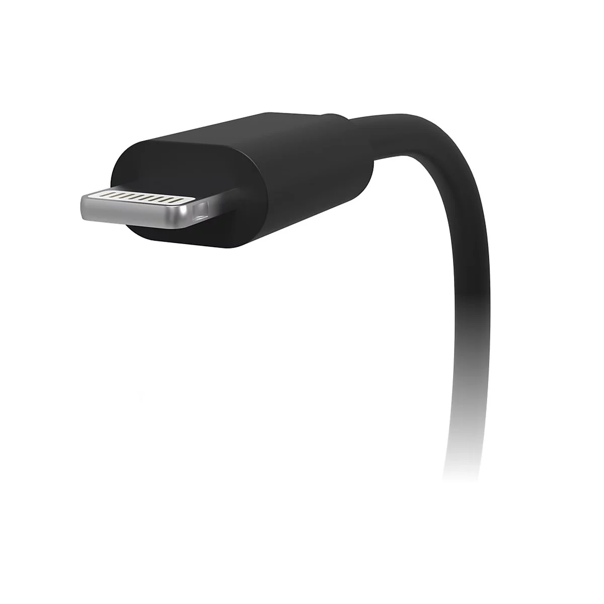 Nahaufnahme eines schwarzen Lightning-Kabels mit silbernem Stecker auf weißem Hintergrund.