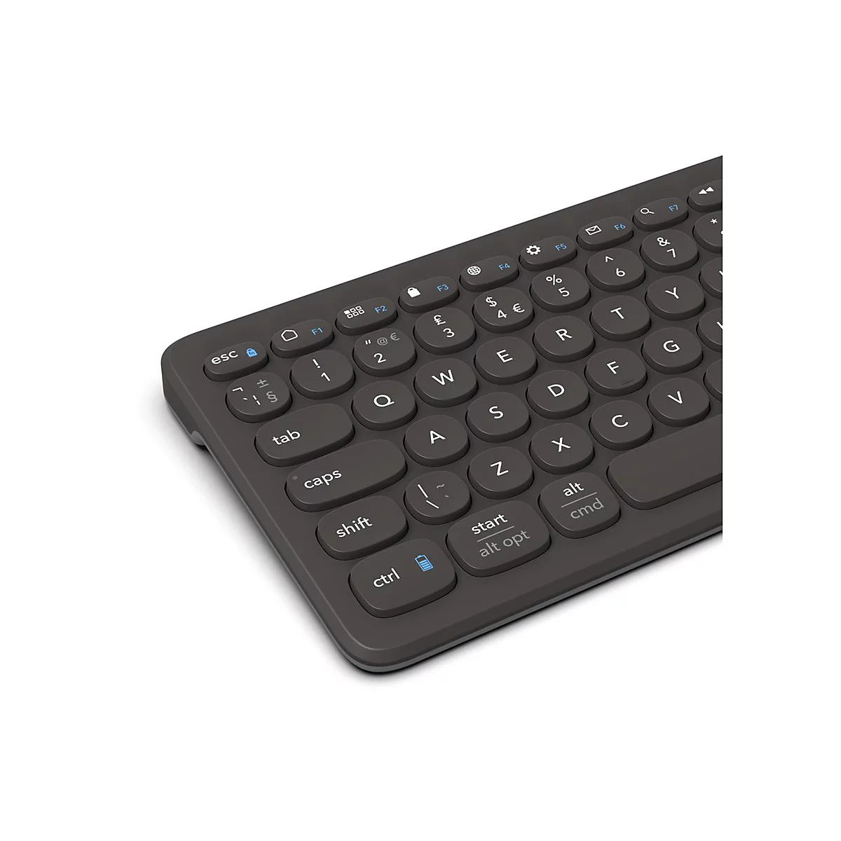 Draufsicht auf eine dunkle, kompakte Tastatur. Die kreisförmigen Tasten sind beschriftet, Buchstaben, Zahlen, Sonderzeichen.