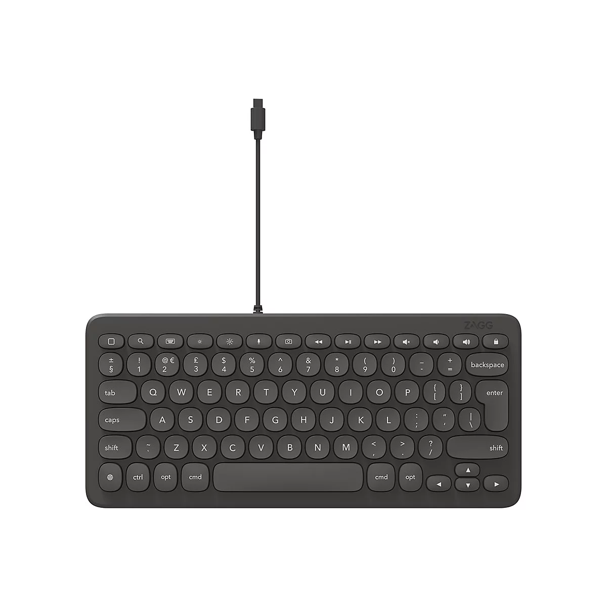 Drahtlose Tastatur in Grau, mit beschrifteten Tasten und Logo.