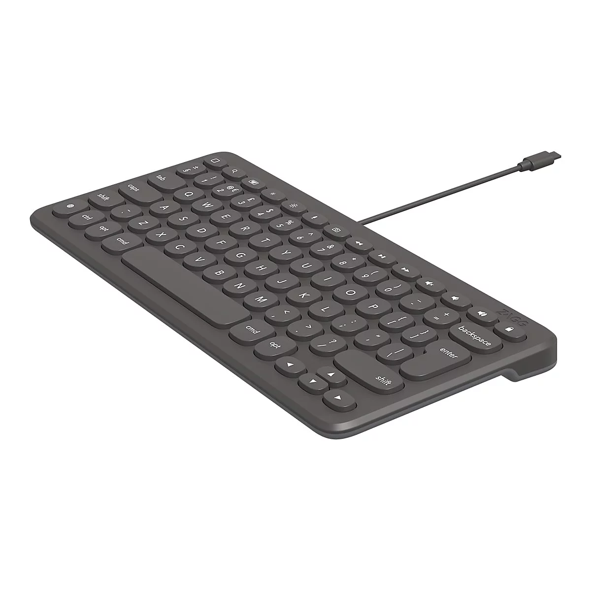 Dunkelgraue ZAGG Tastatur mit abgerundeten Tasten und Kabelanschluss. Buchstaben, Zahlen und Sonderzeichen sind klar sichtbar.