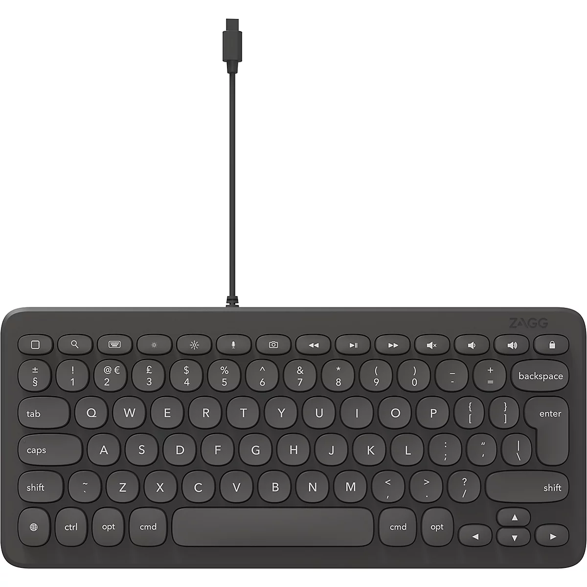 Dunkelgraue ZAGG-Tastatur mit runden Tasten und USB-Kabel.