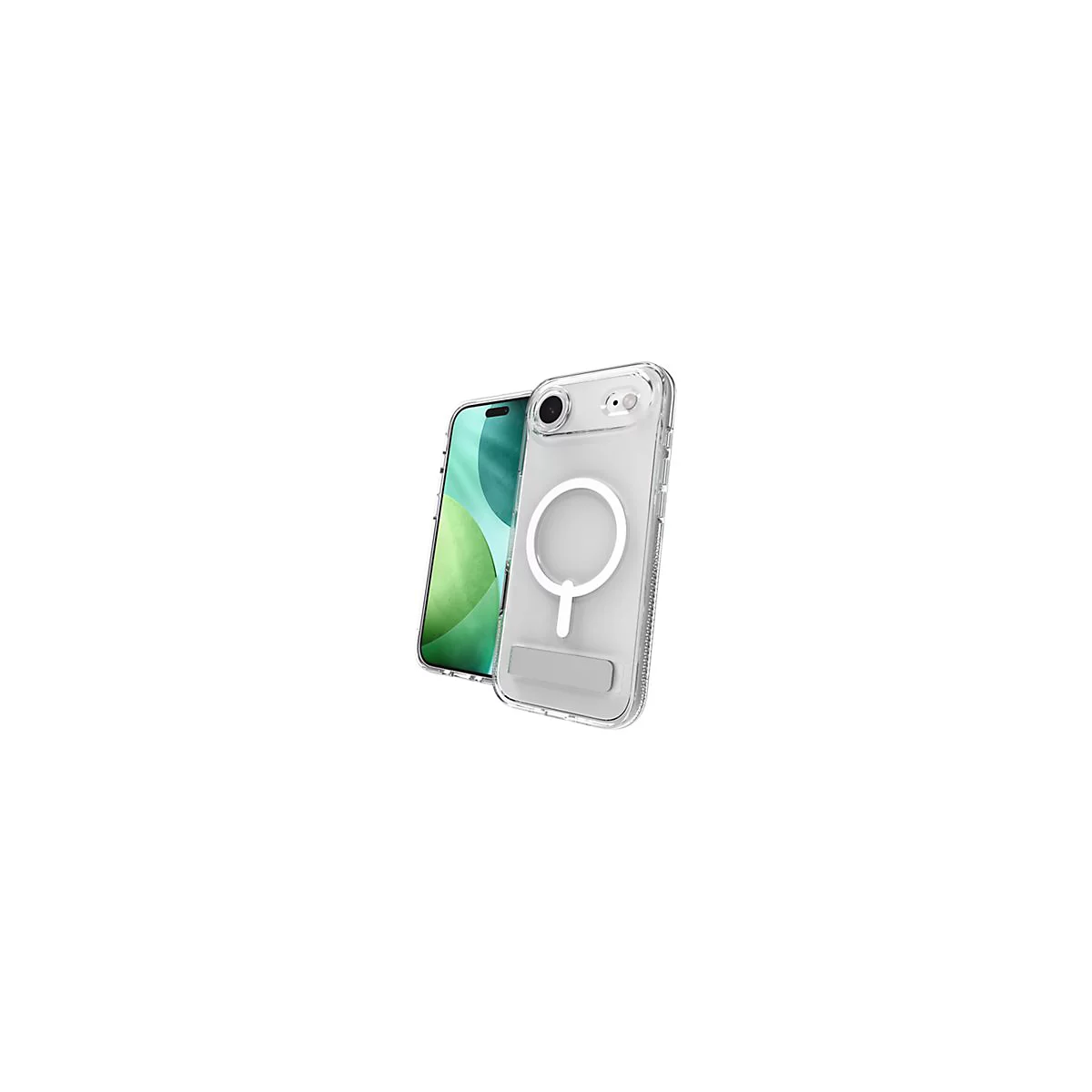 Coque de téléphone transparente et iPhone. Coque avec anneau magnétique. Arrière-plan vert et blanc sur l'écran.
