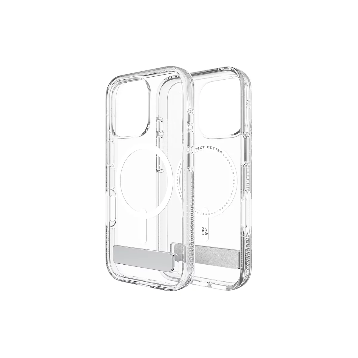 Deux coques de téléphone transparentes, avec des cercles magnétiques et des supports, sur fond blanc. Il est écrit : Protect Better.