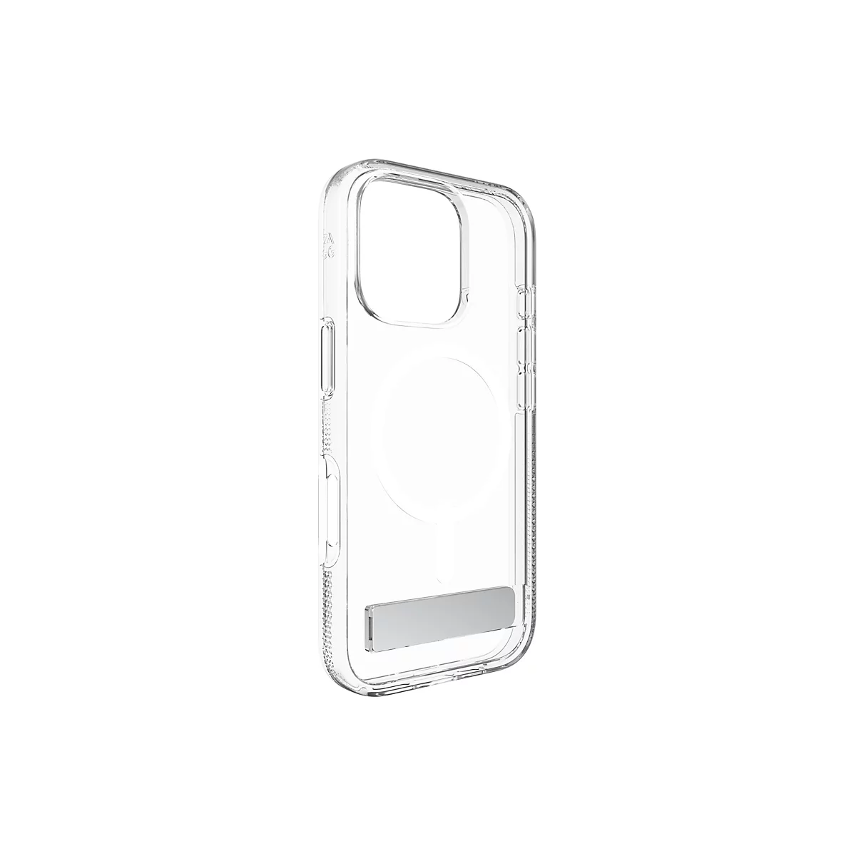 Coque de téléphone transparente avec support intégré, sur fond blanc.