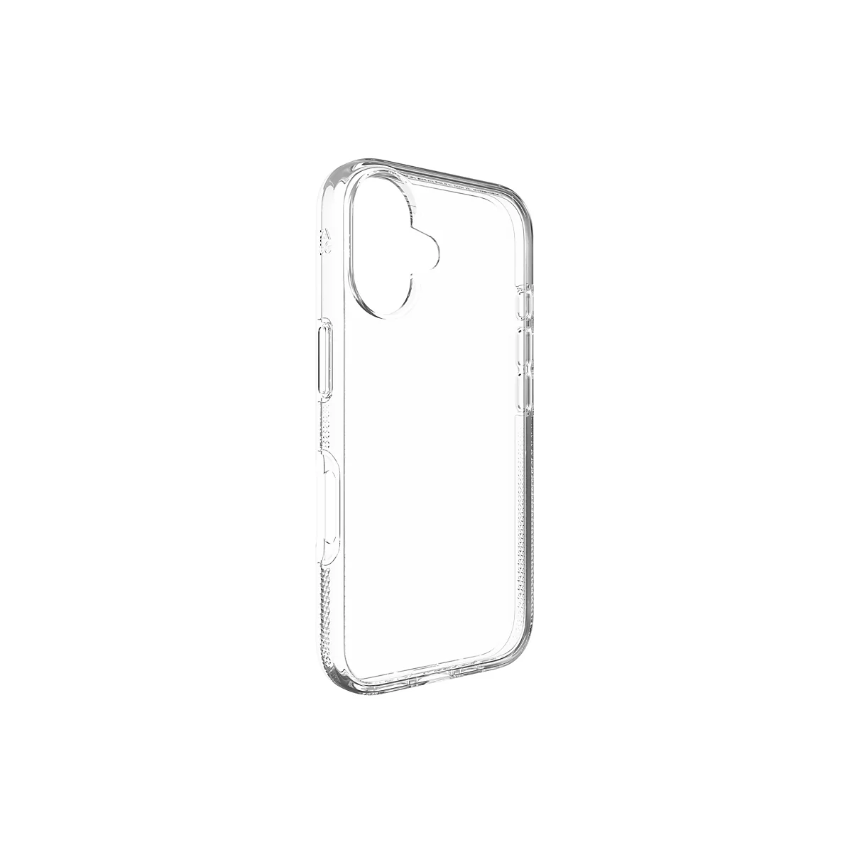 Klare Handyhülle, leicht schräg von der Seite fotografiert, vor weißem Hintergrund. Die Hülle hat Aussparungen für Kamera und Knöpfe.