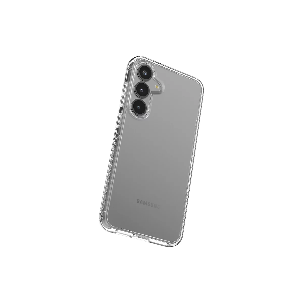 Ein durchsichtiges Handycase mit eingebautem Smartphone, leicht von oben schräg aufgenommen. Auf dem Cover ist der Schriftzug Samsung zu sehen.