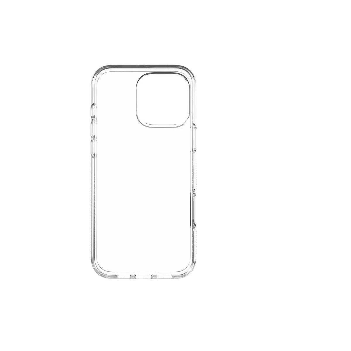 Durchsichtige Handyhülle, die die Form des Handys abbildet. Hülle hat leicht abgerundete Ecken und Aussparungen für Kamera.