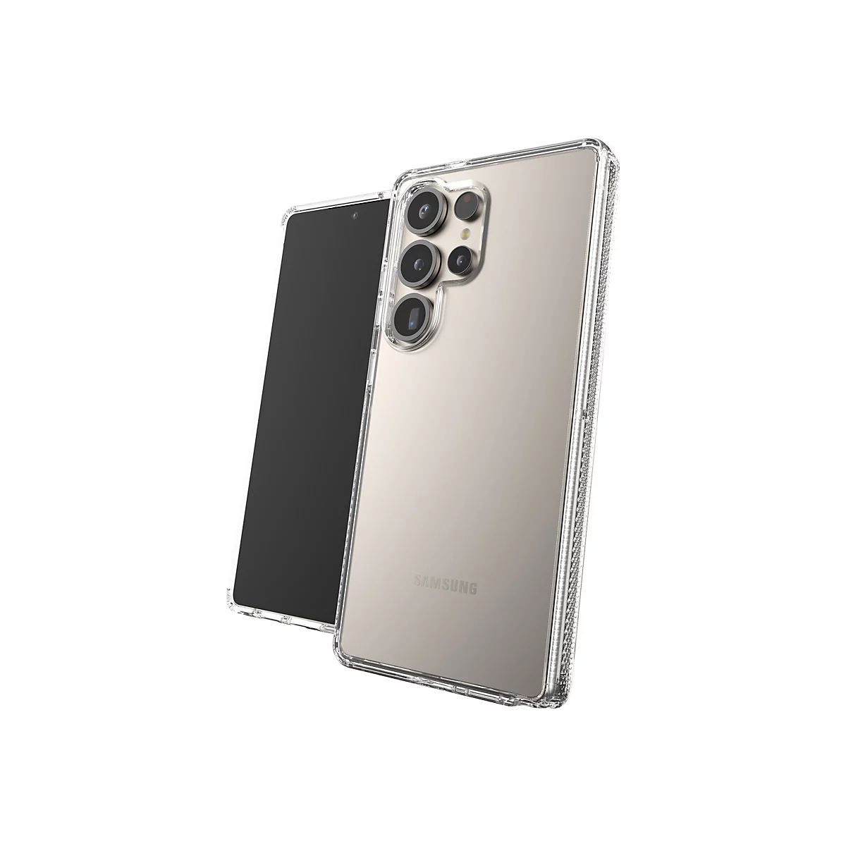 Samsung-Smartphone in einer transparenten Schutzhülle, Nahaufnahme. Auf weißem Hintergrund. Mit der Kamera nach oben und links, Text: Samsung.