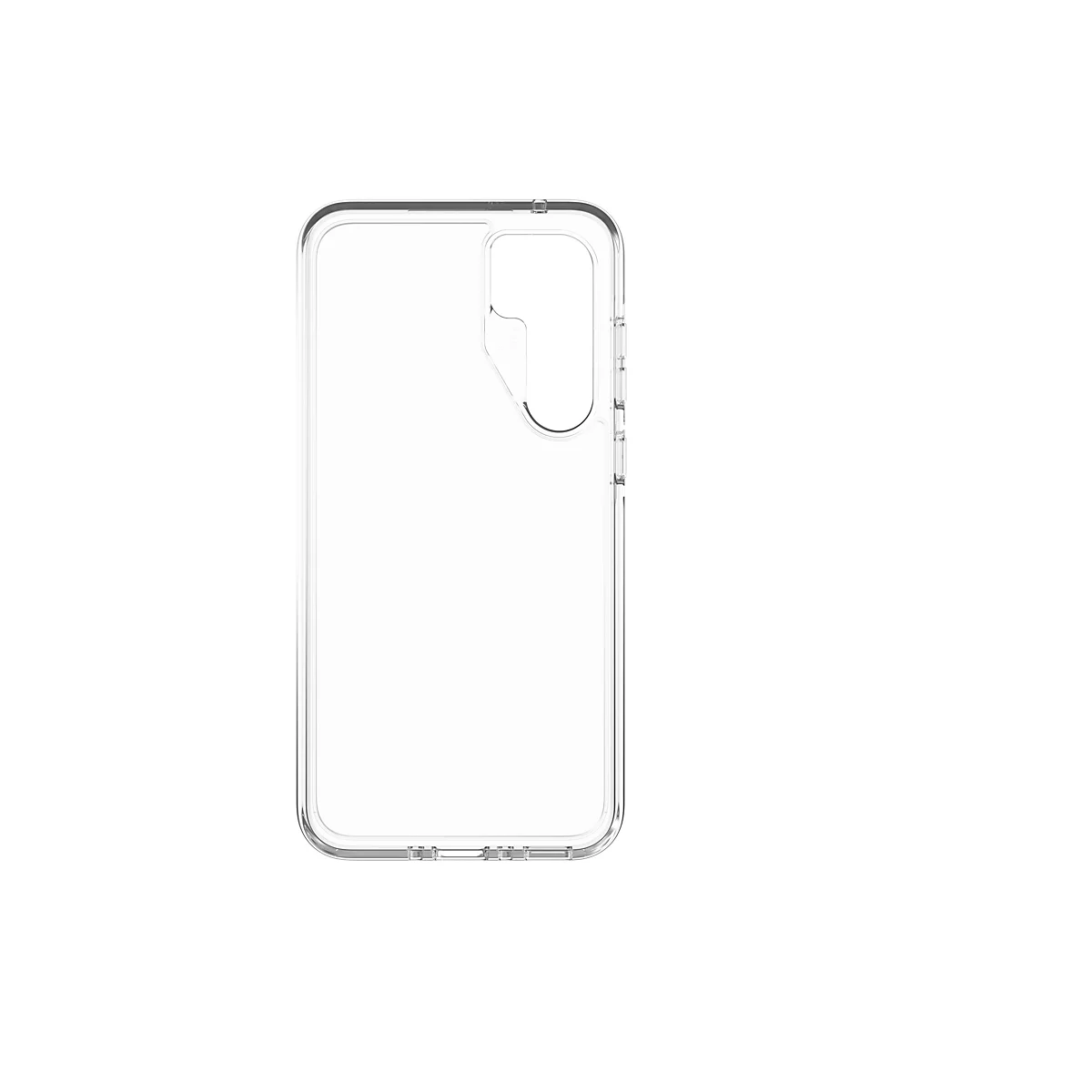 Transparente Handyhülle vor weißem Hintergrund. Die Hülle umschließt das Smartphone und hat Aussparungen für Knöpfe und Kamera.