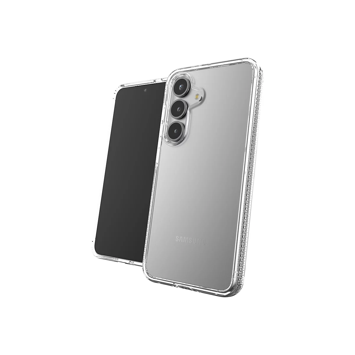 Ein Smartphone in einer transparenten Schutzhülle, vor weißem Hintergrund. Der Bildschirm ist schwarz, die Hülle hat Strassdetails.