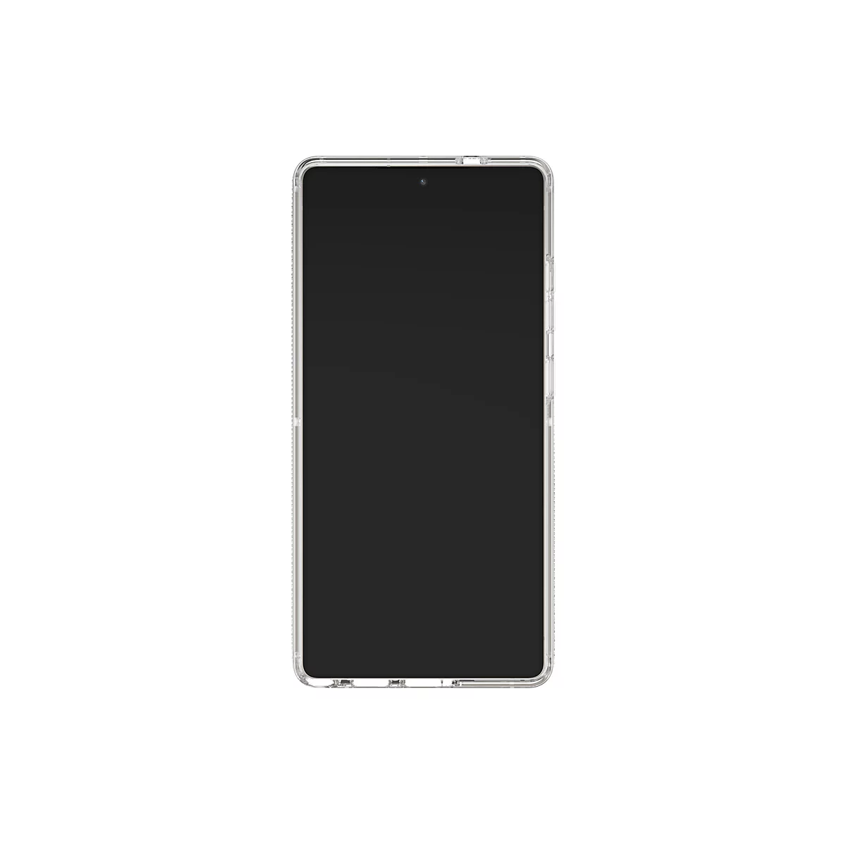 Smartphone mit transparentem Case vor weißem Hintergrund. Das Display ist schwarz.