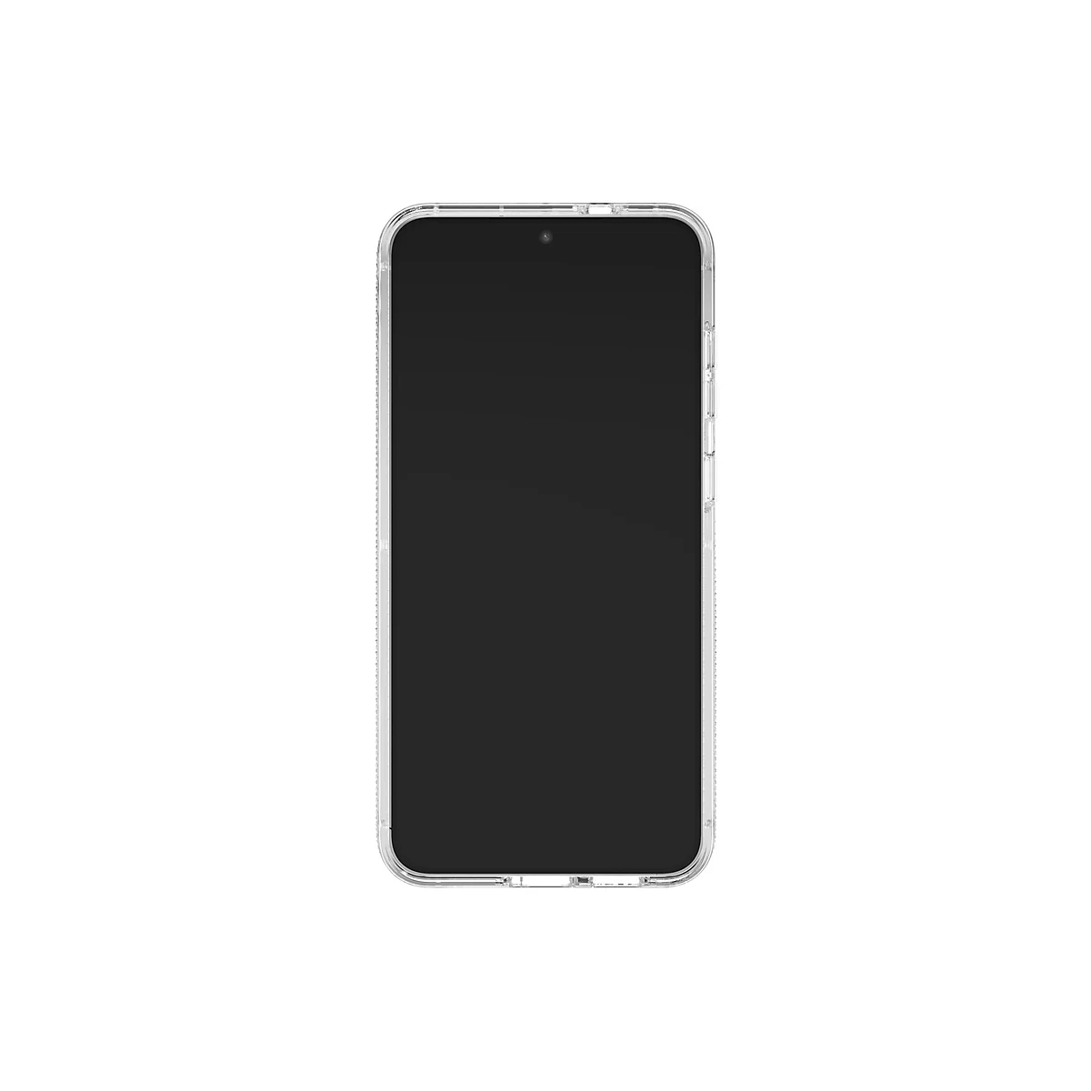 Smartphone mit transparenter Hülle vor weißem Hintergrund.