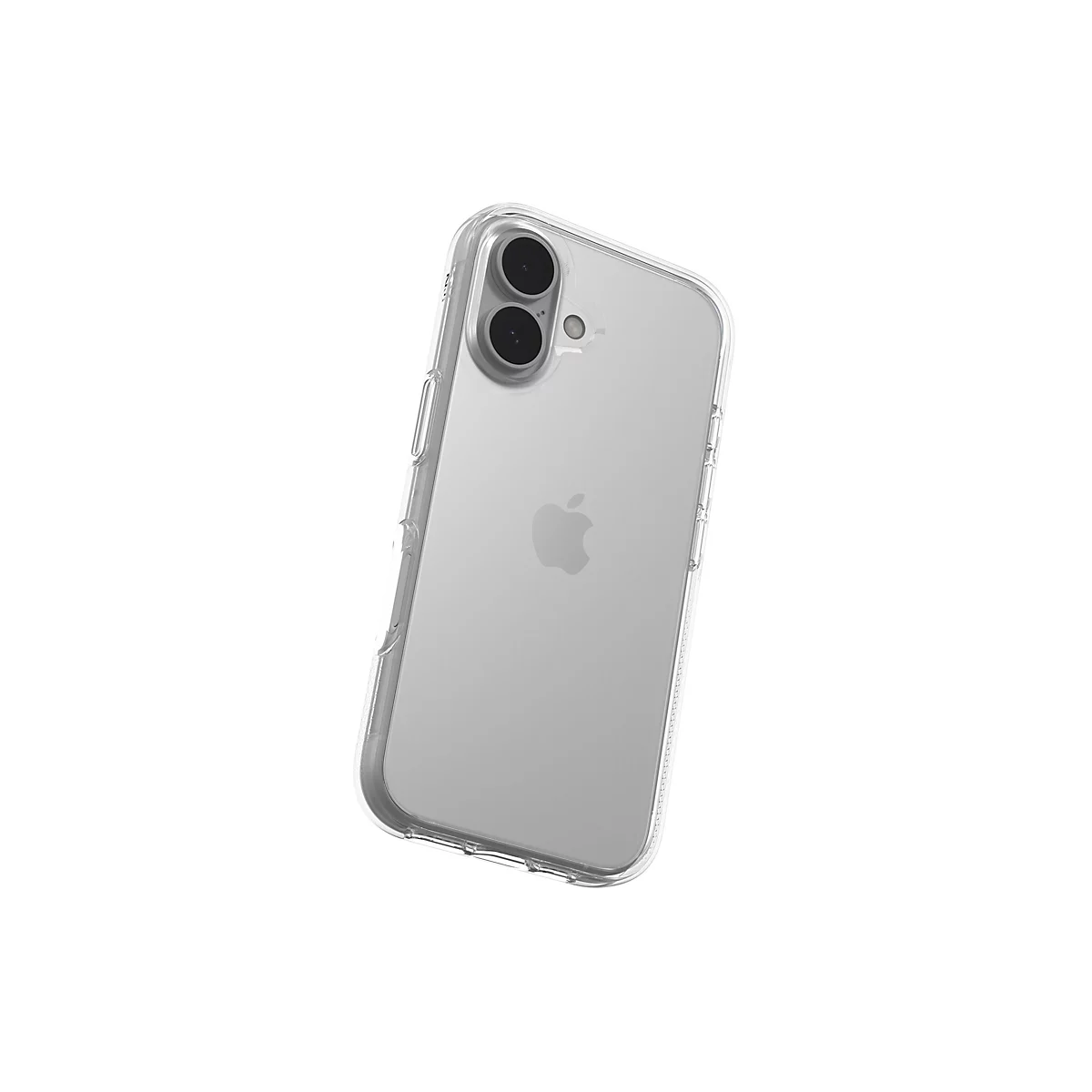 Ein iPhone in einer transparenten Schutzhülle, vor weißem Hintergrund. Der Fokus liegt auf der Rückseite des Handys mit dem Apple-Logo.