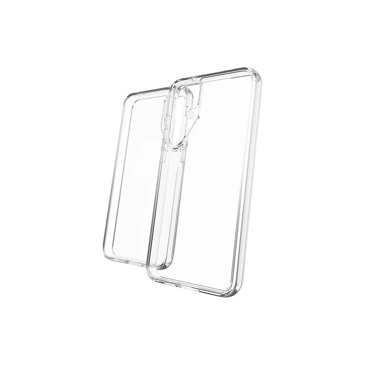 Klare Handyhülle, die aus zwei Teilen besteht, vor hellem Hintergrund. Die Handyhüllen sind transparent und haben eine klare Struktur.