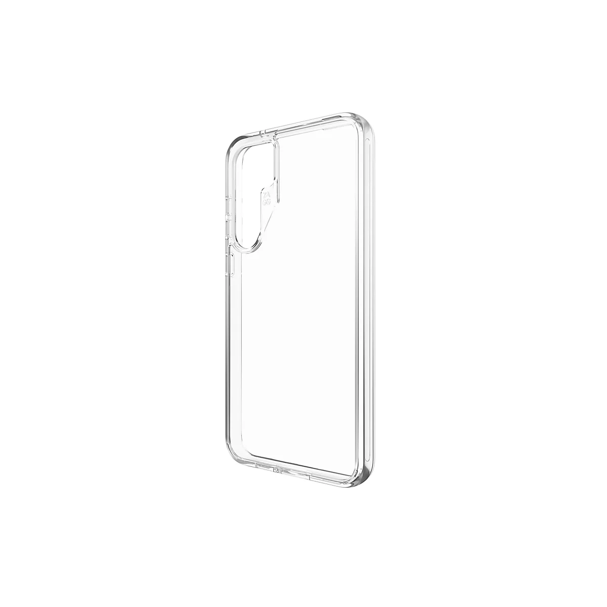 Durchsichtige Handyhülle. Sie hat abgerundete Ecken und eine Öffnung für die Kamera.